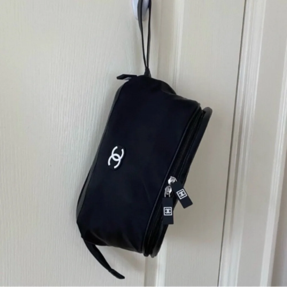 Brand New Chanel Black Nylon Large Makeup Bag/Pouch/Clutch with Wrist Strap